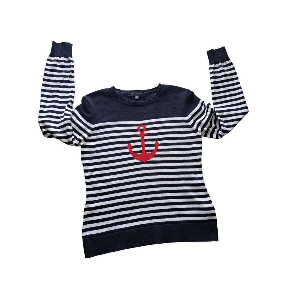 Brooks Brothers Nautical Black & White Striped Sweater Red Anchor Women's Med